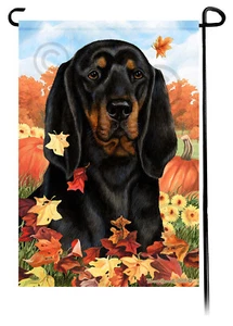 Falling Leaves Garden Flag - Black and Tan Coonhound - Picture 1 of 1