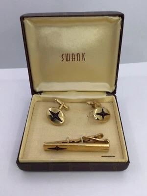 SWANK 1950s M.I.B. TONO DORADO - ROJO FORMA ÚNICA PIEDRA GEMELOS Y BARRA DE CORBATA (CL215 Foto 1 de 4