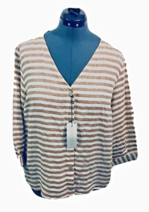 Blusa Rachel Zoe Mujer Marrón Blanco Rayas XL Hasta el Codo Camisa Botón Blusa - Imagen 1 de 9