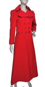 VTG 60s 70s Edwardian Gothic Red Wool Double-Breasted Long Swing Coat XS/S/M - Picture 1 of 10