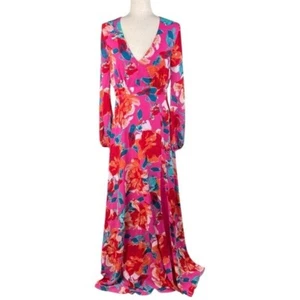 Lulus Carolita Magenta Floral Print Long Sleeve Maxi Dress Size Medium Side Slit - Picture 1 of 12