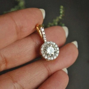 Women's 1.50CT Certified D/VVS1 Moissanite Halo Pendant 14K Yellow Gold Plated - Picture 1 of 4
