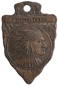 Vtg Souvenir/Friona, TX - Copper Arrowhead Fob w/Indian Chief Art (1920s-1940s) - Picture 1 of 7