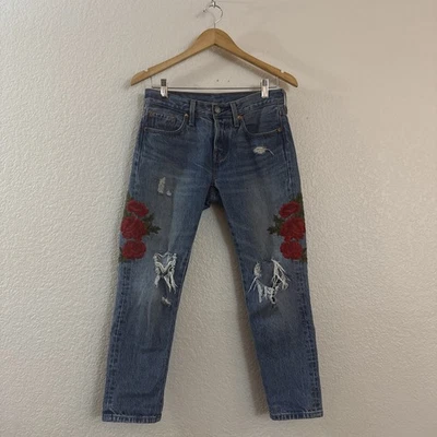 Levi's 501 Sz 24 Rose Embroidered Distressed Button Fly Cropped Tapered Jeans - Image 1 of 4