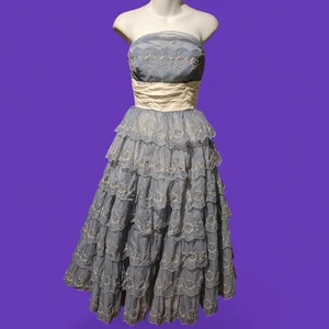 Vtg 50s Handmade Strapless Lace Steel Blue Cupcake Tulle Party Prom Dress 0 2 Cl - Picture 1 of 16