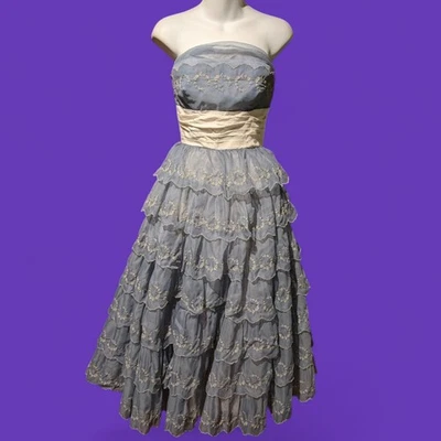Vtg 50s Handmade Strapless Lace Steel Blue Cupcake Tulle Party Prom Dress 0 2 Cl - Image 1 of 4