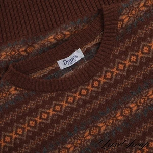 #1 MENSWEAR Drakes Hecho en Escocia Marrón Multi Fair Isle Chaleco Suéter Crew M Sin Reserva - Imagen 1 de 5