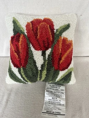 Tulips Hooked Needle Punch 10" Accent Pillow Reverses to Ivory Velveteen  EUC - Image 1 of 4
