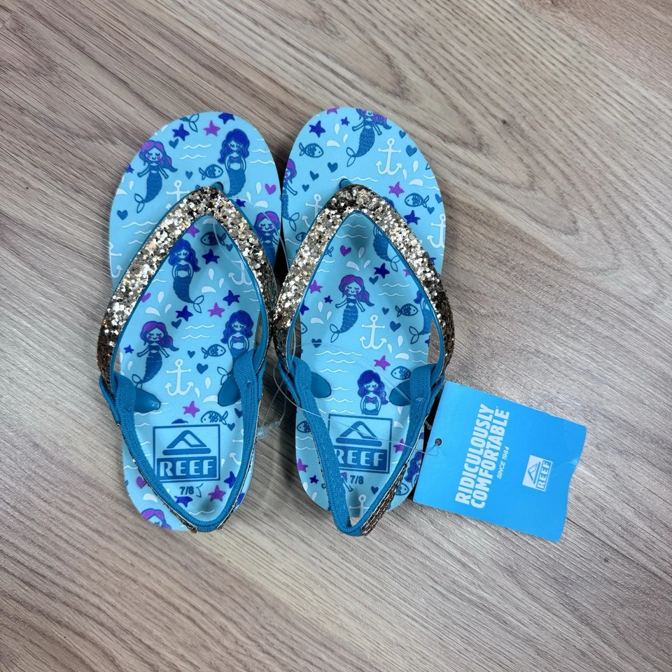 Sandalias chanclas Reef para niñas pequeñas 7/8 playa piscina verde azulado dorado sirena brillo Foto 1 de 3