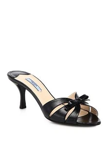 PRADA ICONIC SAFFIANO PATENT BUTTERFLY BOW SLIDES SANDALS 38.5 I LOVE SHOES - Picture 1 of 7