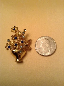 Floral Gold Tone Pin / Brooch W/ Dark & Light Blue Rhinestone - Picture 1 of 3