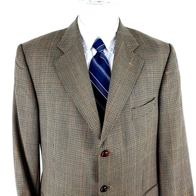 Burberry London Wool 3 Leather Button Sport Coat 42R Brown Houndstooth Windowpan - Image 1 of 4