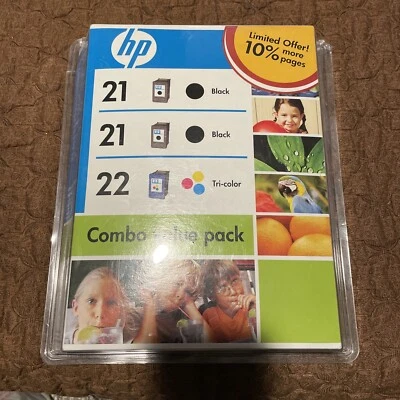 2 Genuine HP 21 (1)Black 22 (1)Tri-Color BRAND NEW FACTORY SEALED ! EXPIRED 2010 - Image 1 of 4
