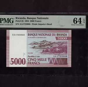 Ruanda 5000 Francs 1994 P-25 * PMG UNC 64 EPQ * Löwe * - Bild 1 von 2