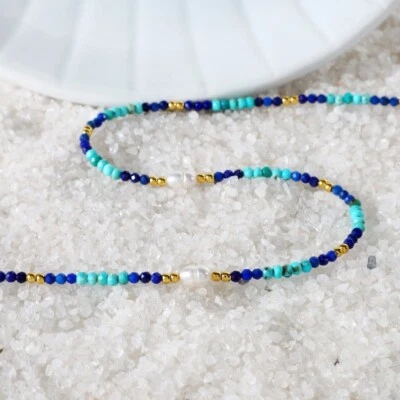 Lapislazuli & Türkis facettierte runde Edelstein Gold gefüllte Perlen Halsket... - Bild 1 von 4