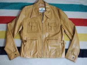 VTG 70s Pacific Trail Light Brown Hippy Boho Zip Leather Jacket Coat Womens L - Picture 1 of 7