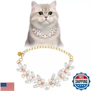HOWWFALY Dog Cat Pearl Collars with Cute Pet Paw Gold Chain Stainless Steel C - Picture 1 of 5