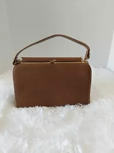 Vintage braune Wildleder Geldbörse/Handtasche mit goldenem Verschluss & elfenbeinfarbenem Kunstlederfutter - Bild 1 von 8