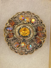 Pin Gold Tone Vintage Womens 2.5â€� Amber Rhinestones Filigree Prong Set Brooch