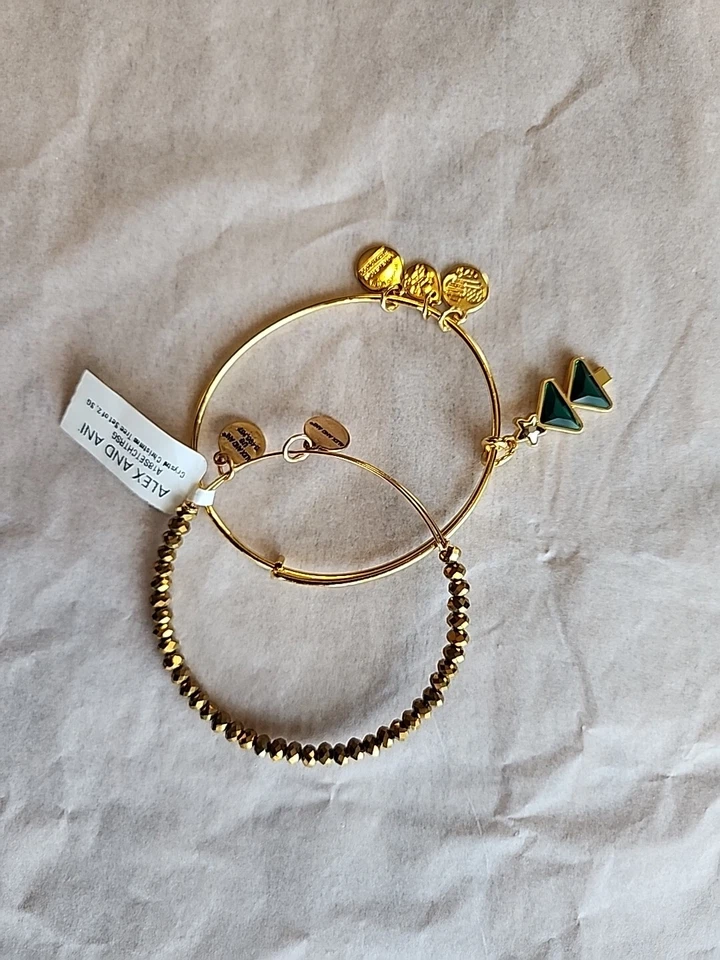 Alex and Ani Crystal Christmas Tree Set of 2 Bangle Bracelet Shiny Gold