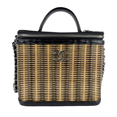 Auth CHANEL Vanity Handbag Shoulder Bag Black/Beige/Silver Straw/Leather - z7668 - Image 1 of 4