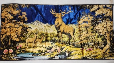 1970s Deer Winter Forest Woods Velvet Tapestry Rug Wall Picture 19x38” MCM... - Image 1 of 4