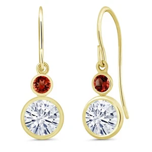 14K Yellow Gold Red Garnet Earrings Set with Round Moissanite (1.90 Cttw) - Picture 1 of 3