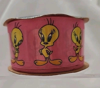 Offray Looney Tunes Tweety Bird Ribbon NOS 1.5" X 9 Feet Pink Yellow made USA - Image 1 of 4