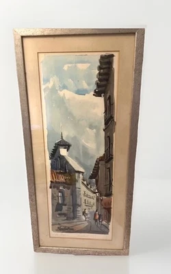Manuel Vicente Mora Madrid Spain 1967 C La Plasa Signed Art Watercolor MCM VTG - Image 1 of 4