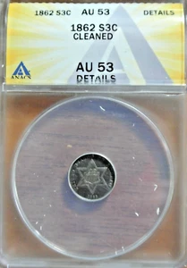 1860 THREE CENT SILVER ~ NICE 3c. AU ABOUT UNCIRCULATED ANACS AU 53 ! - Picture 1 of 9