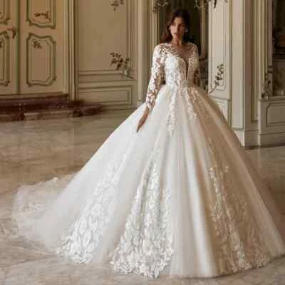 Роскошный тюль свадебные платья длинным рукавом аппликация без спинки кнопки свадебные платья - Изображение 1 из 4