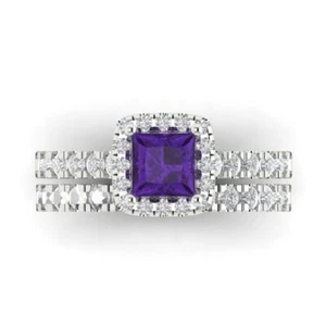 1.56 ctw 14K Wedding Set for Women | Natural Amethyst Ring and Wedding Band - Picture 1 of 5