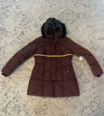 Chaqueta Larga Para Mujer NICOLE MILLER Nueva York Rojo Granate Capucha Extraíble Talla Med Foto 1 de 4