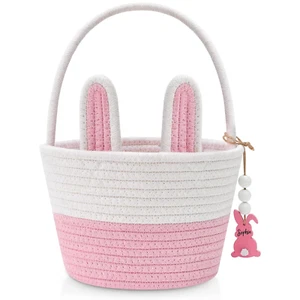 Easter Baskets for Kids, Pink Large Woven Rope Bunny Personalized Easter Basket - Picture 1 of 12