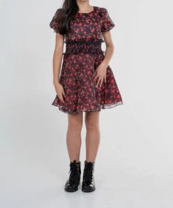 $186 Zoe Ltd Kids Girl Red Floral Smocked Round Neck A-Line Dress Size 14 - Picture 1 of 4