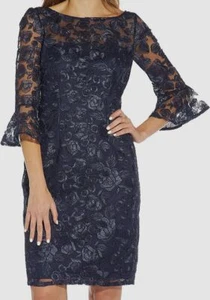 Adrianna Papell Women's Blue Sequin Embroidered Bell Sleeve Sheath Dress Size 12 - Picture 1 of 3