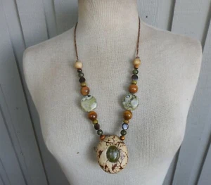 Tagua Secret Pipe Necklace Unakite Inlay Tigers Eye Jade Stone Beads Adjustable - Picture 1 of 13