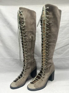Jeffery Cambell Free People knee high open toe laced women's 8.5 tan suede boots - Picture 1 of 6