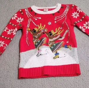 Girls Ugly Christmas Sweater Red White Reindeers Size 7 - 8 Holiday Time - Picture 1 of 10