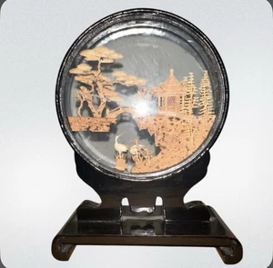Vintage Chinese Carved Cork Art Diorama ~ Black Lacquer Cranes Pagoda - Picture 1 of 7