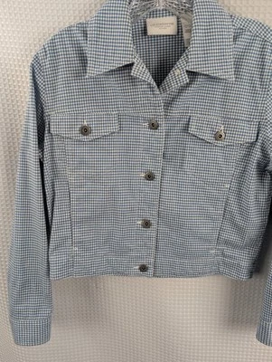 Liz Claiborne Blue/White Gingham Check Light Wt Cotton Trucker Style Jacket Sp - Image 1 of 4