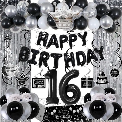 Decoraciones de cumpleaños 16 negro y plata para niños niñas, blanco y negro 16... Foto 1 de 4