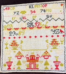 Antique Signed Linen Sampler wiht Flowers & Urns 1865 ZZ563 - Picture 1 of 5