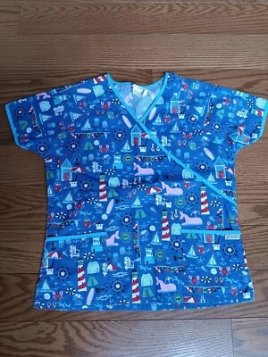 UA Scrubs Medical Uniform Top Womens Large Mock Wrap Blue W/Beach/Ocean/Summer - Image 1 of 4