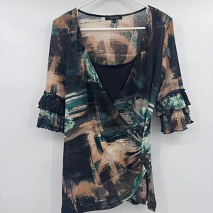 Karen Kane Top Damen XL grün 3/4 Ärmel Stretch Netz Rüschen Wickeloptik vorne - Bild 1 von 10