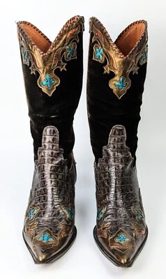 Vintage Donald Pliner Women's Leather/Velvet Brown Turquoise Western Boots Sz 9M - Image 1 of 4