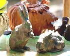 Pair Japanese Rabbit Okimono statue cast iron bronze verdigris 8" hare figurine