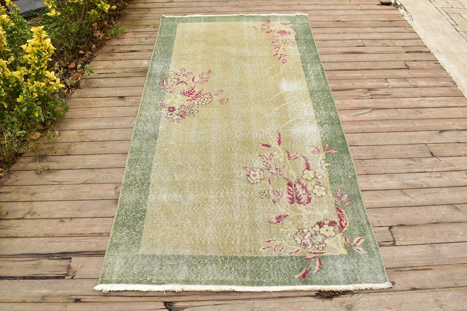 Alfombra Turca Oushak 3x6 Alfombra Vintage Floral Verde Tribal Oriental 104x2... - Imagen 1 de 4