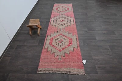 Vintage Turkish Runner Rug 2x10ft Wool Anatolian Handmade Hallway Oushak PINK - Image 1 of 4