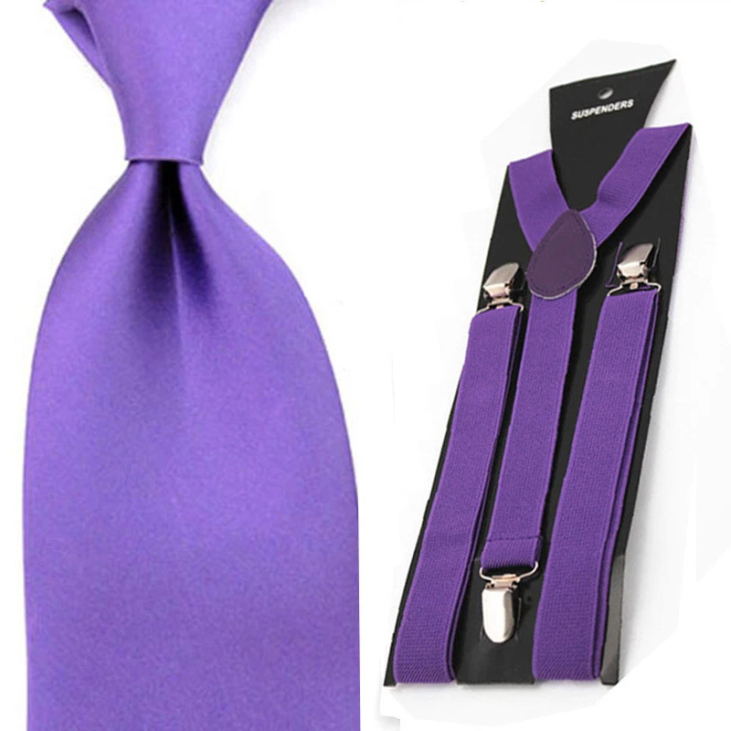 Conjunto de tirantes elásticos en forma de Y corbata de cuello ancho satinado liso para hombre Foto 1 de 1